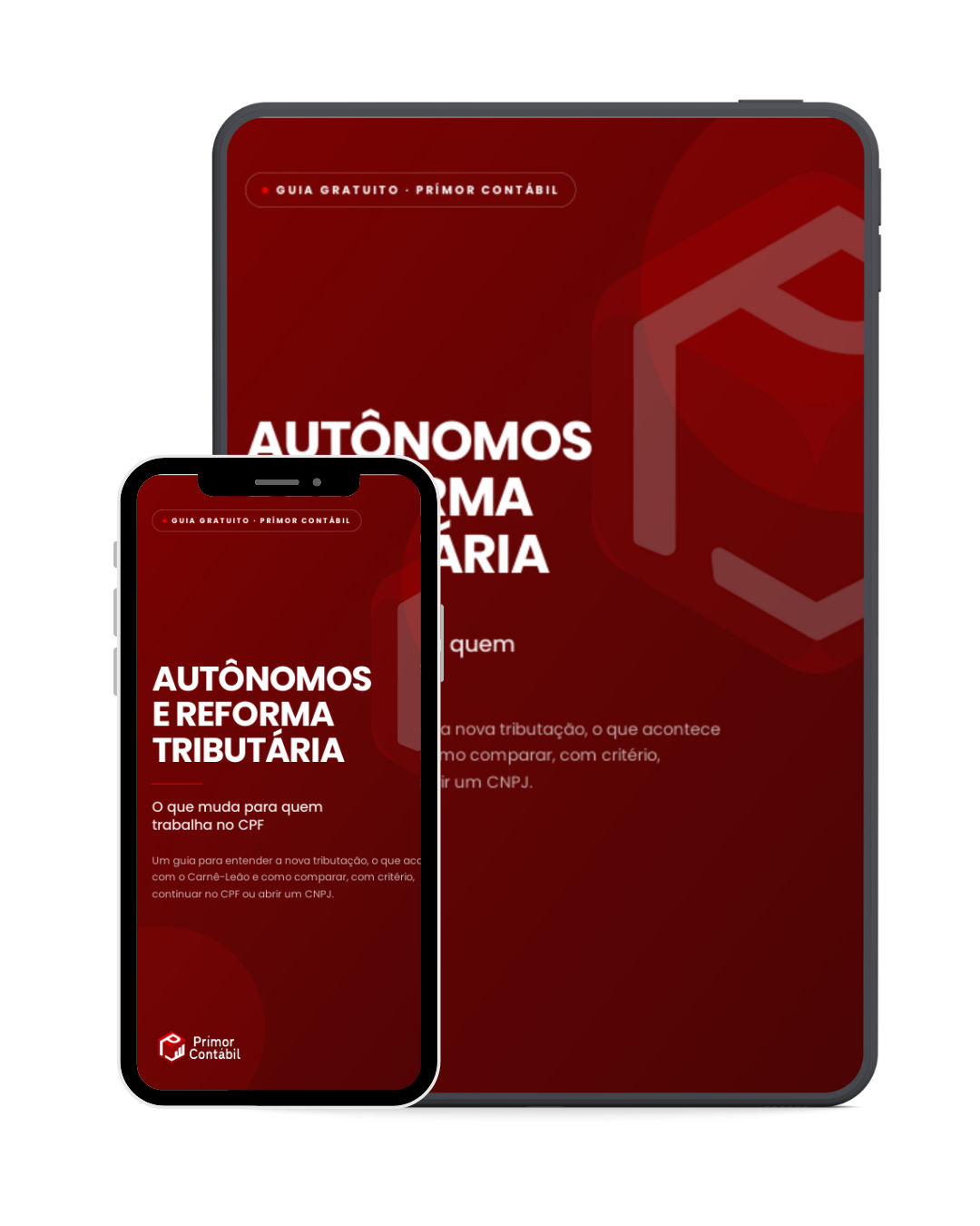 Mockup do guia Autônomos e Reforma Tributária em tablet e celular